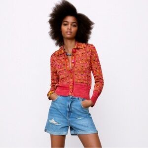 Zara Cactus Flower Knit Cardigan Sweater Size Small Pink Green Bloggers Fave